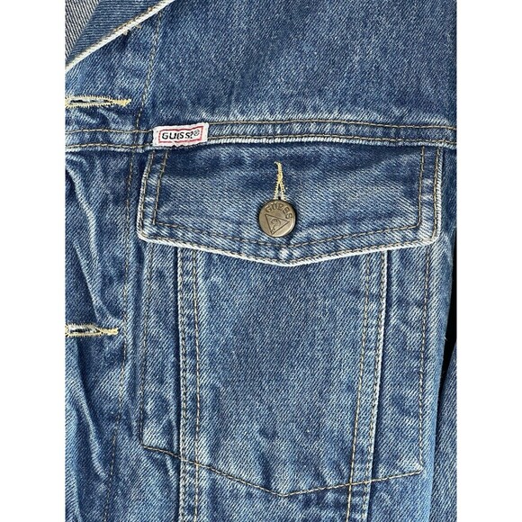 Guess Triangle Logo VTG 90’s Batwing Cropped Blue Denim Jacket  Size Small USA - Picture 5 of 10
